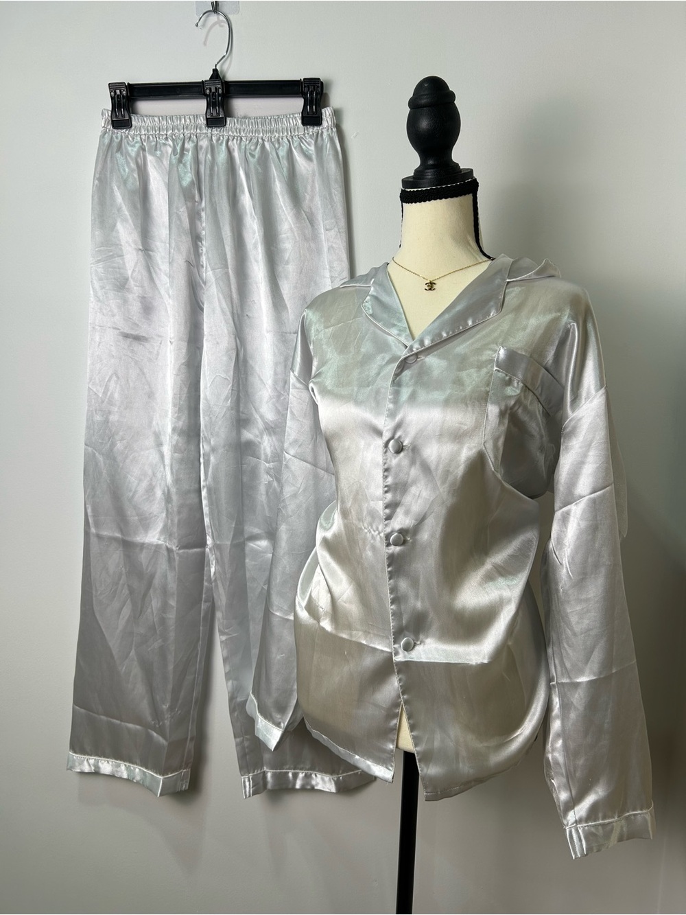 Satin Button-Down Pajama Set in Silver